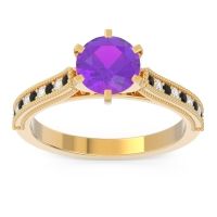 Amethyst Engagement Ring In 14k Yellow Gold With Black Onyx And Diamond - Samiti Round Antique Ring