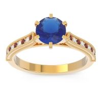 Lab Blue Sapphire Ring In 18k Yellow Gold With Garnet And Lab Diamond Samiti Round Antique Ring