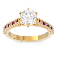 Lab Diamond Ring In 14k Yellow Gold With Black Onyx And Pink Tourmaline Samiti Round Antique Ring