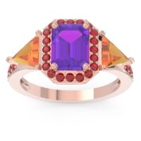 Amethyst Ring In 18K Rose Gold With Citrine And Ruby Devi Emerald Three-stone Ring