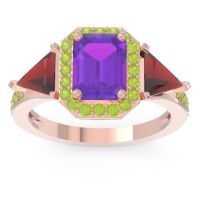 Amethyst Ring In 18K Rose Gold With Garnet And Peridot Devi Emerald Three-stone Ring