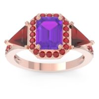 Amethyst Ring In 18K Rose Gold With Garnet And Ruby Devi Emerald Three-stone Ring