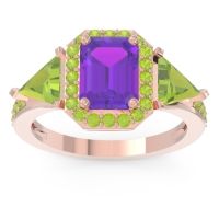 Amethyst Ring In 14K Rose Gold With Peridot Devi Emerald Three-stone Ring