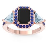Black Onyx Ring In 14K Rose Gold With Aquamarine And Blue Sapphire Devi Emerald Three-stone Ring