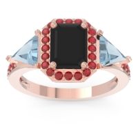 Black Onyx Ring In 14K Rose Gold With Aquamarine And Ruby Devi Emerald Three-stone Ring
