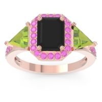 Black Onyx Ring In 18K Rose Gold With Peridot And Pink Tourmaline Devi Emerald Three-stone Ring