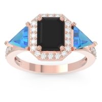 Black Onyx Ring In 18K Rose Gold With Swiss Blue Topaz And Lab Diamond Devi Emerald Three-stone Ring