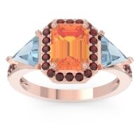 Citrine Ring In 14K Rose Gold With Aquamarine And Garnet Devi Emerald Three-stone Ring