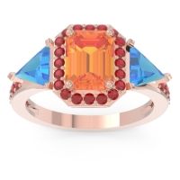 Citrine Ring In 14K Rose Gold With Swiss Blue Topaz And Ruby Devi Emerald Three-stone Ring