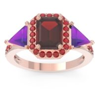 Garnet Ring In 18K Rose Gold With Amethyst And Ruby Devi Emerald Three-stone Ring