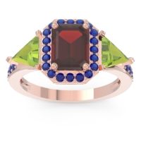 Garnet Ring In 14K Rose Gold With Peridot And Blue Sapphire Devi Emerald Three-stone Ring