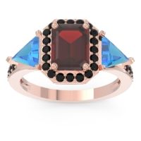 Garnet Ring In 18K Rose Gold With Swiss Blue Topaz And Black Onyx Devi Emerald Three-stone Ring