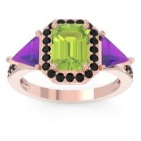 Peridot Ring In 18K Rose Gold With Amethyst And Black Onyx Devi Emerald Three-stone Ring