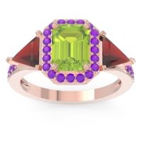 Peridot Ring In 18K Rose Gold With Garnet And Amethyst Devi Emerald Three-stone Ring