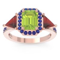 Peridot Ring In 14K Rose Gold With Garnet And Blue Sapphire Devi Emerald Three-stone Ring