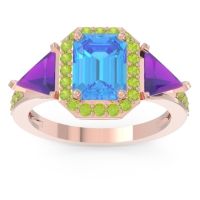 Swiss Blue Topaz Ring In 18K Rose Gold With Amethyst And Peridot Devi Emerald Three-stone Ring