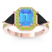 Swiss Blue Topaz Ring In 18K Rose Gold With Black Onyx And Peridot Devi Emerald Three-stone Ring