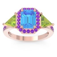 Swiss Blue Topaz Ring In 18K Rose Gold With Peridot And Amethyst Devi Emerald Three-stone Ring