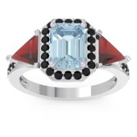 Aquamarine Ring In Palladium With Garnet And Black Onyx Devi Emerald Three-stone Ring