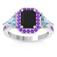 Black Onyx Ring In 18k White Gold With Aquamarine And Amethyst Devi Emerald Three-stone Ring