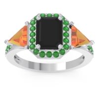 Black Onyx Ring In Palladium With Citrine And Emerald Devi Emerald Three-stone Ring