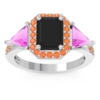Black Onyx Ring In 14k White Gold With Pink Tourmaline And Citrine Devi Emerald Three-stone Ring