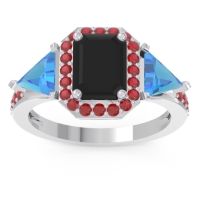 Black Onyx Ring In Palladium With Swiss Blue Topaz And Ruby Devi Emerald Three-stone Ring