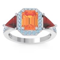 Citrine Ring In 18k White Gold With Garnet And Aquamarine Devi Emerald Three-stone Ring
