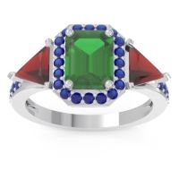 Emerald Ring In Palladium With Garnet And Blue Sapphire Devi Emerald Three-stone Ring