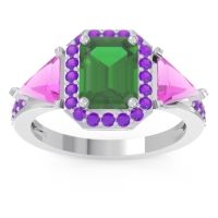 Emerald Ring In Palladium With Pink Tourmaline And Amethyst Devi Emerald Three-stone Ring