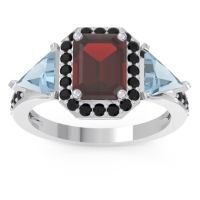 Garnet Ring In 14k White Gold With Aquamarine And Black Onyx Devi Emerald Three-stone Ring