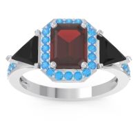 Garnet Ring In Palladium With Black Onyx And Swiss Blue Topaz Devi Emerald Three-stone Ring