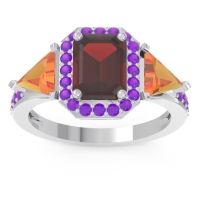 Garnet Ring In Palladium With Citrine And Amethyst Devi Emerald Three-stone Ring