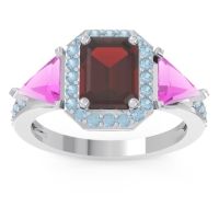 Garnet Ring In 14k White Gold With Pink Tourmaline And Aquamarine Devi Emerald Three-stone Ring