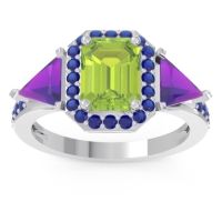 Peridot Ring In 14k White Gold With Amethyst And Blue Sapphire Devi Emerald Three-stone Ring