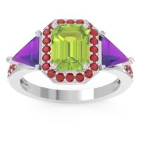Peridot Ring In Palladium With Amethyst And Ruby Devi Emerald Three-stone Ring