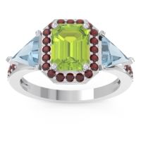 Peridot Ring In 14k White Gold With Aquamarine And Garnet Devi Emerald Three-stone Ring