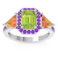 Peridot Ring In Platinum With Citrine And Amethyst Devi Emerald Three-stone Ring