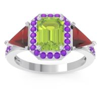 Peridot Ring In 18k White Gold With Garnet And Amethyst Devi Emerald Three-stone Ring