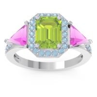 Peridot Ring In 14k White Gold With Pink Tourmaline And Aquamarine Devi Emerald Three-stone Ring
