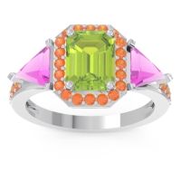 Peridot Ring In 14k White Gold With Pink Tourmaline And Citrine Devi Emerald Three-stone Ring