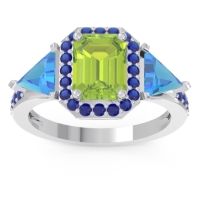 Peridot Ring In 14k White Gold With Swiss Blue Topaz And Blue Sapphire Devi Emerald Three-stone Ring