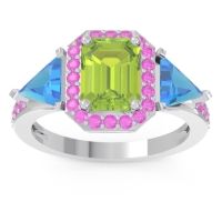 Peridot Ring In 14k White Gold With Swiss Blue Topaz And Pink Tourmaline Devi Emerald Three-stone Ring