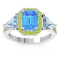 Swiss Blue Topaz Ring In 14k White Gold With Aquamarine And Peridot Devi Emerald Three-stone Ring