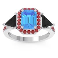 Swiss Blue Topaz Ring In Palladium With Black Onyx And Ruby Devi Emerald Three-stone Ring