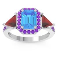 Swiss Blue Topaz Ring In Palladium With Garnet And Amethyst Devi Emerald Three-stone Ring