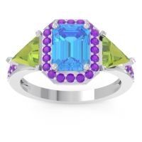 Swiss Blue Topaz Ring In Palladium With Peridot And Amethyst Devi Emerald Three-stone Ring