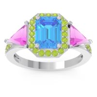 Swiss Blue Topaz Ring In 14k White Gold With Pink Tourmaline And Peridot Devi Emerald Three-stone Ring