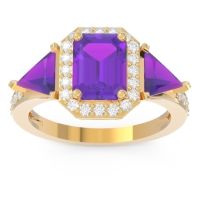 Amethyst Engagement Ring In 14k Yellow Gold With Diamond - Devi Emerald Three-stone Ring