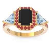 Black Onyx Ring In 14k Yellow Gold With Aquamarine And Ruby Devi Emerald Three-stone Ring